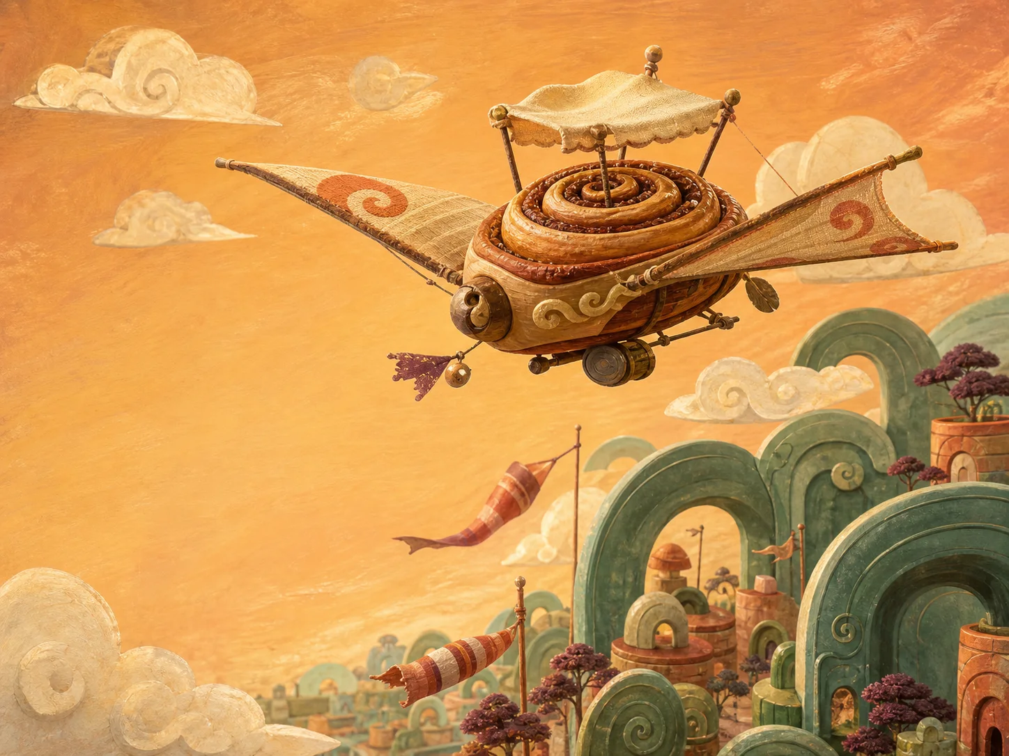 A handcrafted cinnamon-roll airship crossing a warm apricot sky