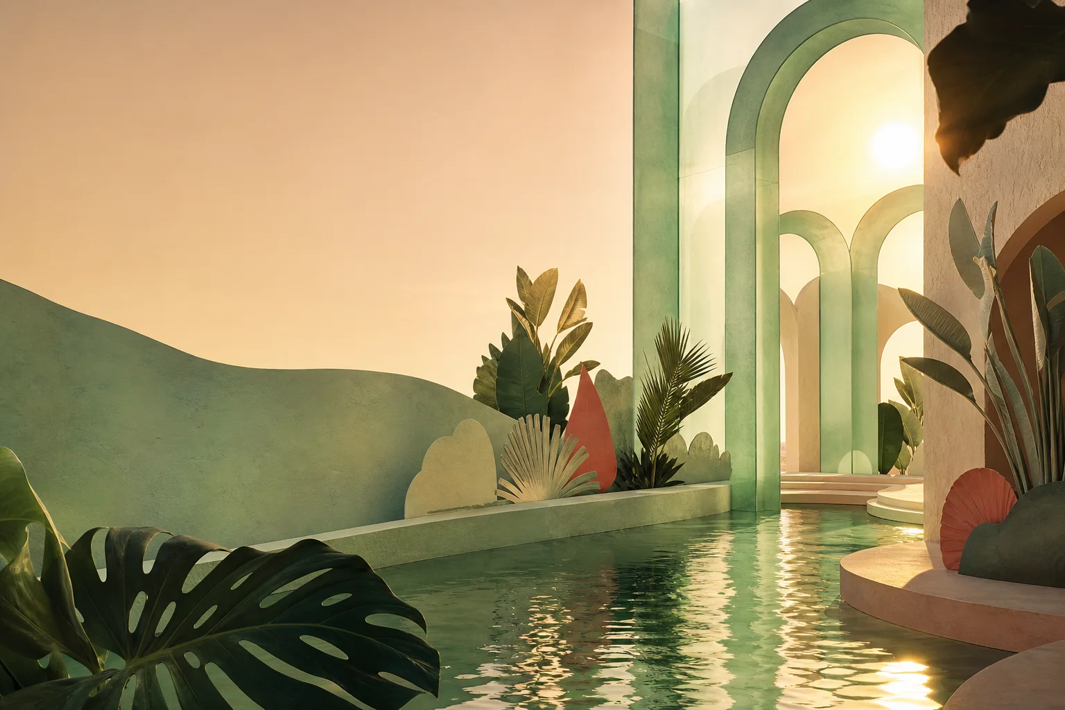 A sunlit jade-glass garden pavilion with warm plaster arches and tropical leaves