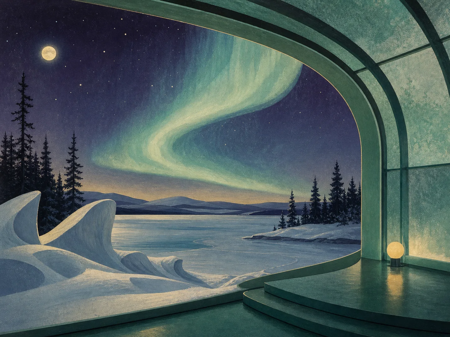 A jade observatory framing a frozen Finnish lake beneath the northern lights